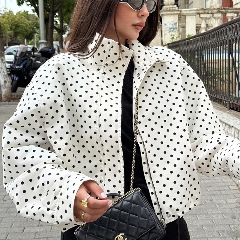Women's Plus-Size Jacket Autumn Long-Sleeve Polka Dot Bomber Jacket with High Neck Zipper Pockets Drawstring Casual Loose Fit