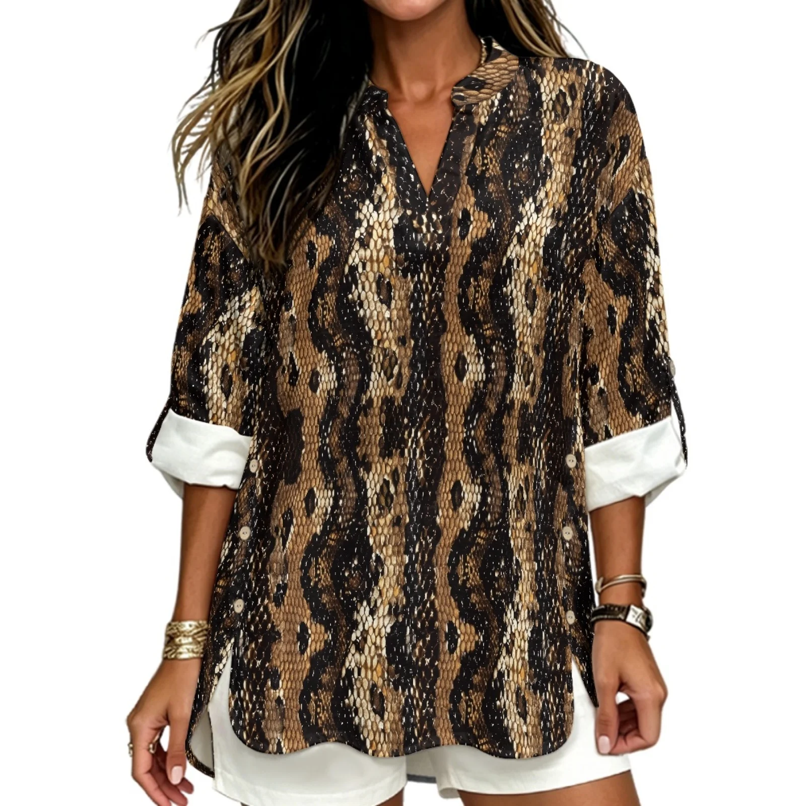 PENSTROLL Rolled Sleeve Linen Like Dressy Casual Blouses Breathable Long Sleeve Shirts for Women for Daily Wear Snake Skin