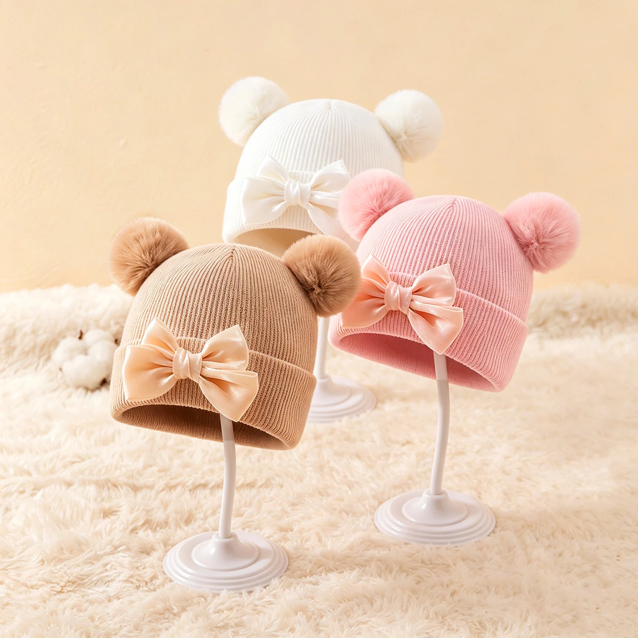 Sweet Girl Knit Hat Double Pompom Baby Warm Pullover Cap Cute Plush Ball Toddler Woolen Hats Solid Color Children Beanie 1-4Year