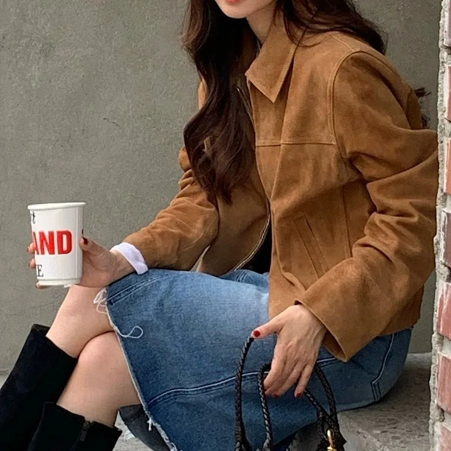 Koreanischer Chic 2026 Herbst Neuer Stil Stehkragen Kunstleder-Samt-Jacke mit Reißverschluss Coole Kurze Mantel-Oberteile für Damen – Detail 1
