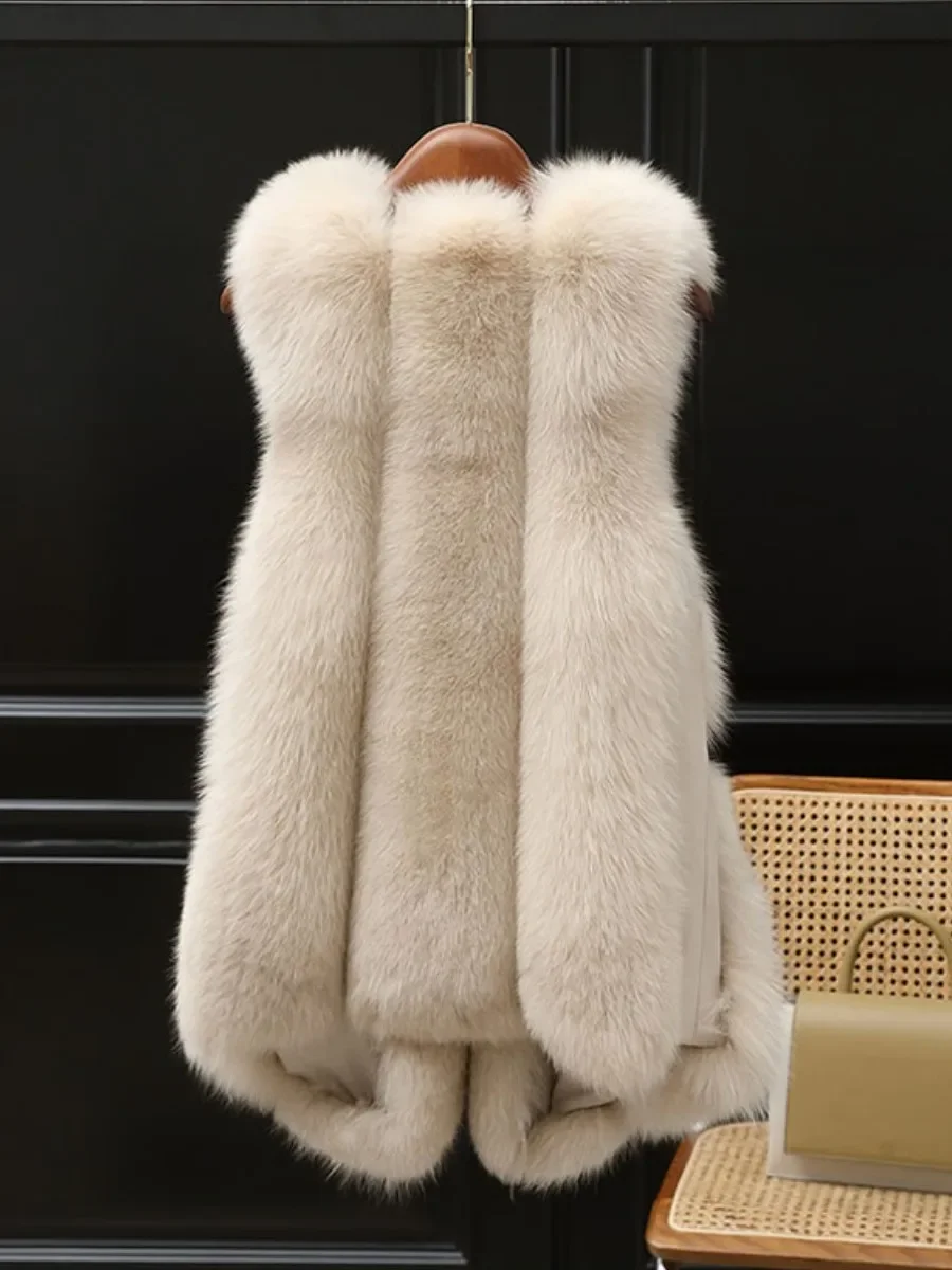 2023 New Autumn Winter Faux Fox Fur Women Vests Coat Mid-long Patchwork Waistcoat Elegant V-neck Sleeveless Fur Jacket Outwear