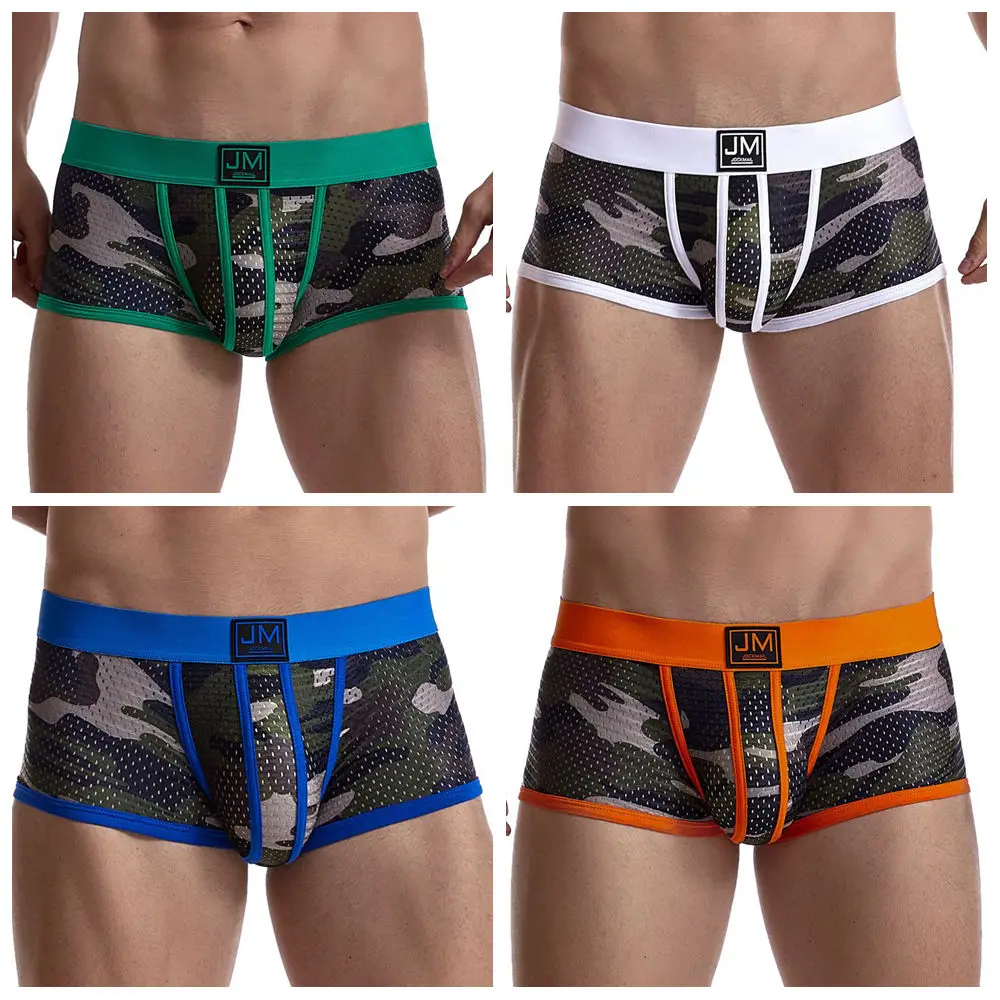 

Jockmail Men Underwear Nylon Mesh Semi Transparent Camouflage Boxers Sexy Low Waist Sports Man Cueca Soft Calzoncillos Hombre