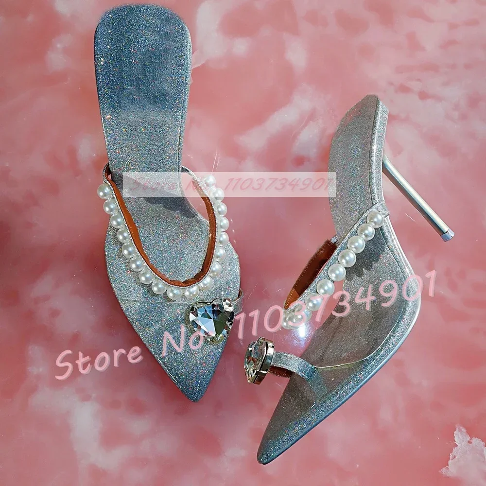 

Pearl Heart Crystal Shiny Mules Women Fashion Pointed Toe Strap Thin High Heels Slippers Female Sexy Party Elegant Luxury Shoes