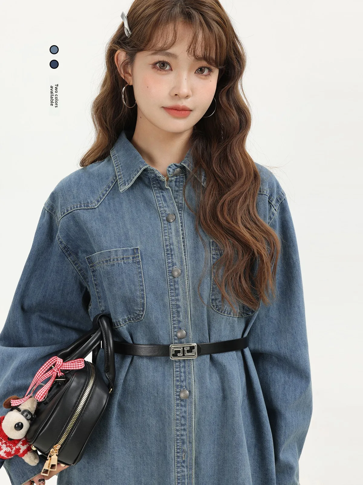 

Korean Sle Loose Casual Denim irt Waist Cinching Slimming Spring Outerwear Long Sve Collar Mid-Length Coat