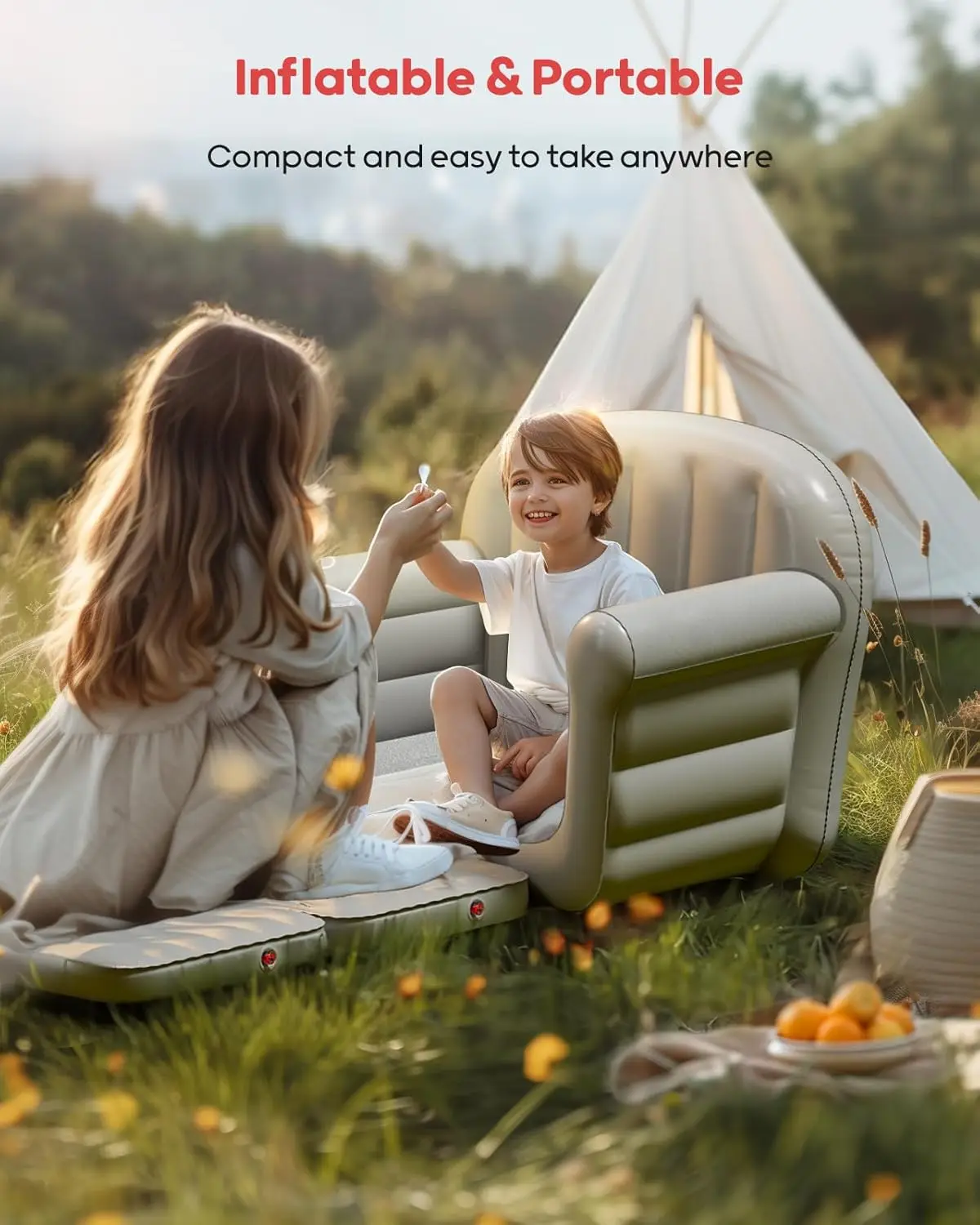 Inflatable Couch, Extra Wide 2-in-1 Toddler Couch Fold Out with Plush, Convertible Kids Couchs to Lounger for Baby Boys Girls