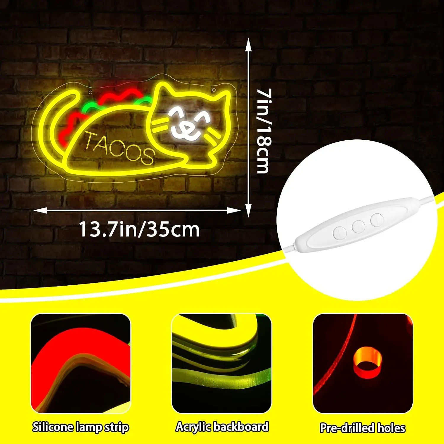 Tacos Cat Neon Sign USB Dimmable LED Light for Mexican Restaurant Tequila Bar Man Cave Shop Wall Art Decoration Storefront Sign