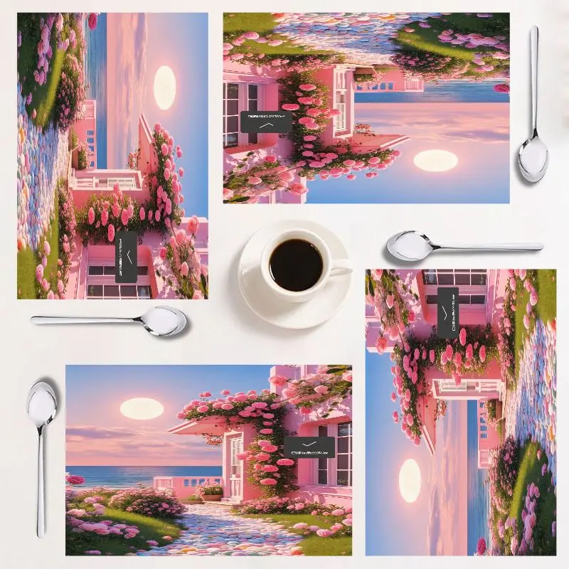 

Set of 4 placemats, pastel floral design, easy to clean, rectangular, chic home decor, perfect for gatherings.