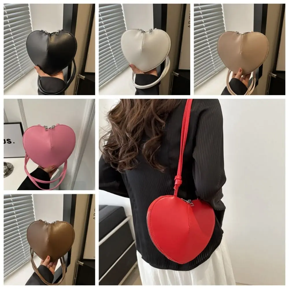 Korean Style Love Heart Shoulder Bag Phone Bag PU Leather PU Crossbody Purses Small Handbag Solid Color Solid Heart Bag Female