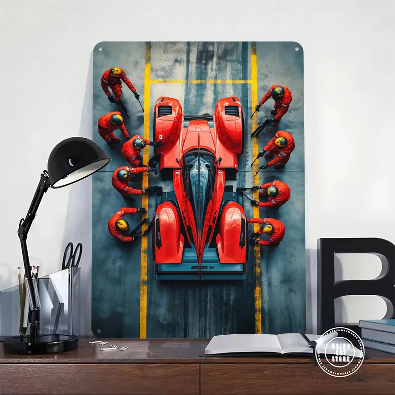 Race Pit Stop Car Metal Poster Custom Wall Art Retro Vintage Tinplate Signs for Man Cave Bathroom Decor Gaming Room Decoration