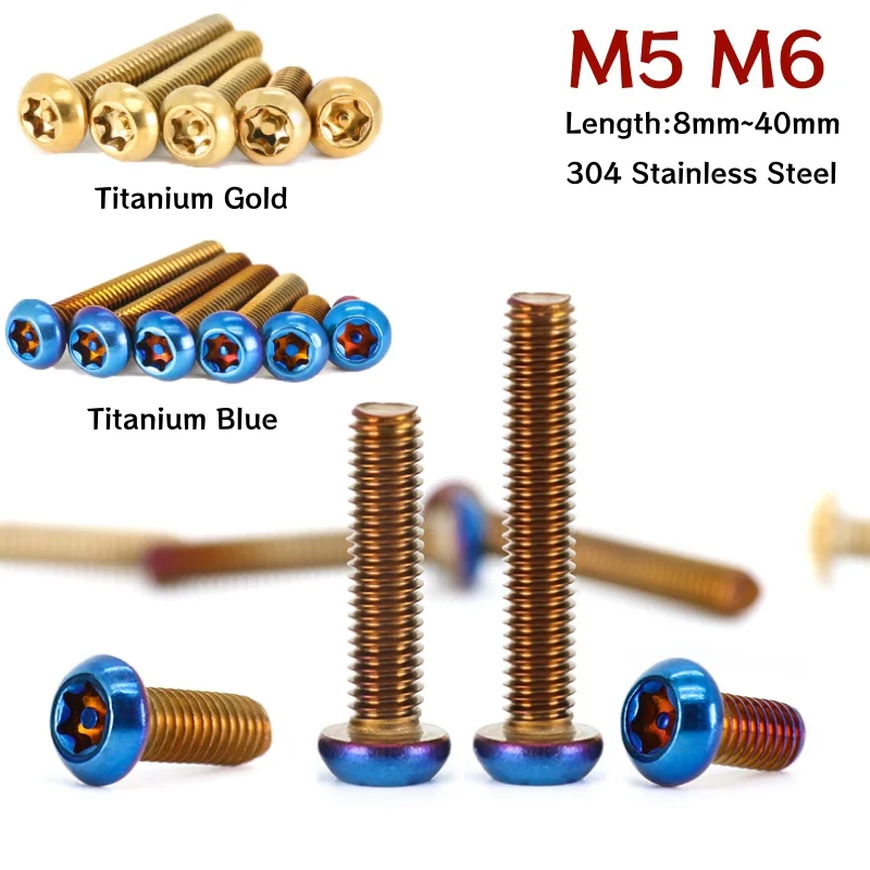 Titanium Gold Torx Button Head Bolts 304 Stainless Steel with Pin Tamper Proof Security Screws M5 M6 for Motorcycle Modification