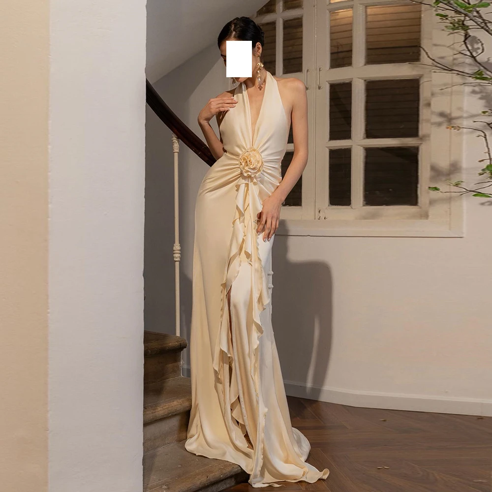 

Halter Sleeveless Pleats Front Slit Satin Straight Floor Length Ruffle Backless Zipper Back Solid Color Evening Dress Woman 2024