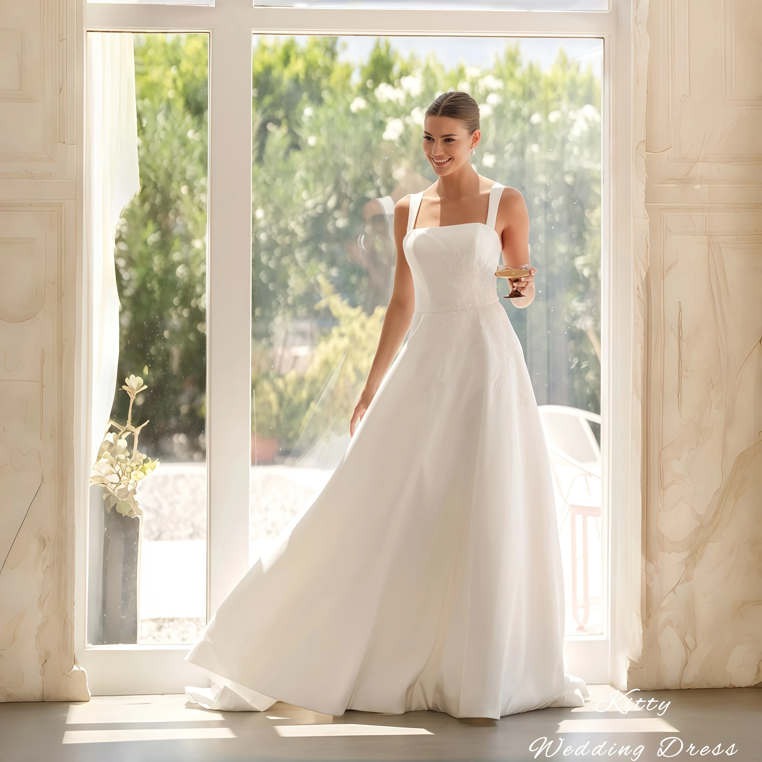 

Kitty Customized Elegant Wedding Dress 2026 Square Neck Spaghetti Strap Sleeveless Floral Lace Applique Satin A-Line Bridal Gown
