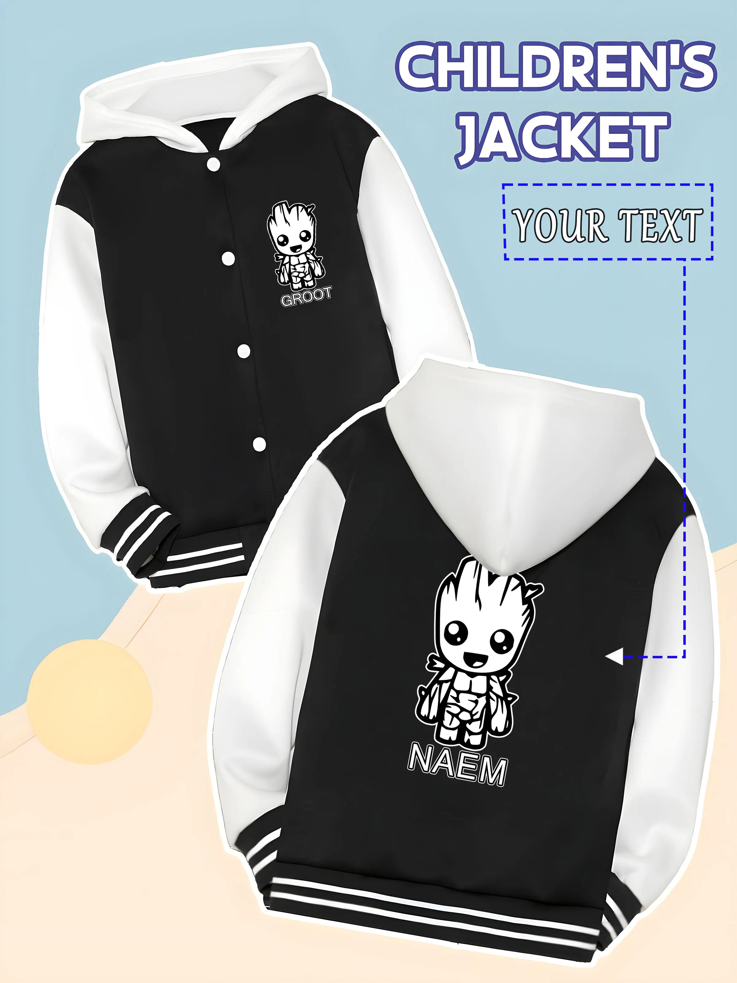 

MINISO Marvel Boys Baseball Jacket - Cute Groot Print, Cute and Healing Style, Perfect for Spring and Autumn Leisure Outings, Su