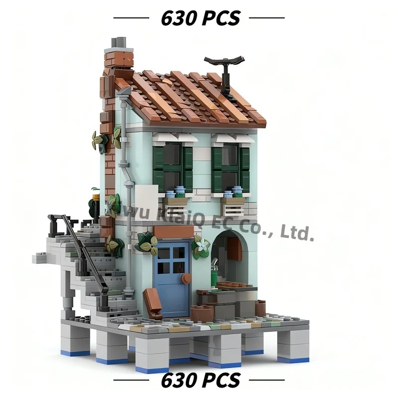630PCS MOC Town Bakery House Extension Building Bricks, European Architecture Modular Shop Model Collectible Display