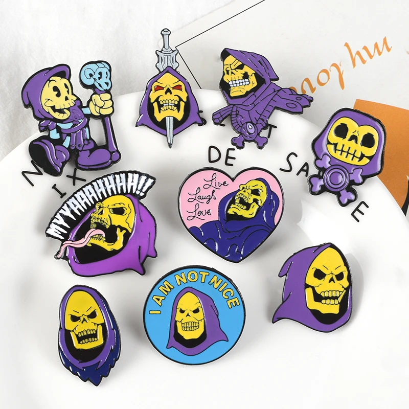 80's Skeletor Purple Hood Enamel Pins Masters Of The Universe Badge Brooch Bag Clothes Lapel Classic Cartoon Jewelry Kids Gifts