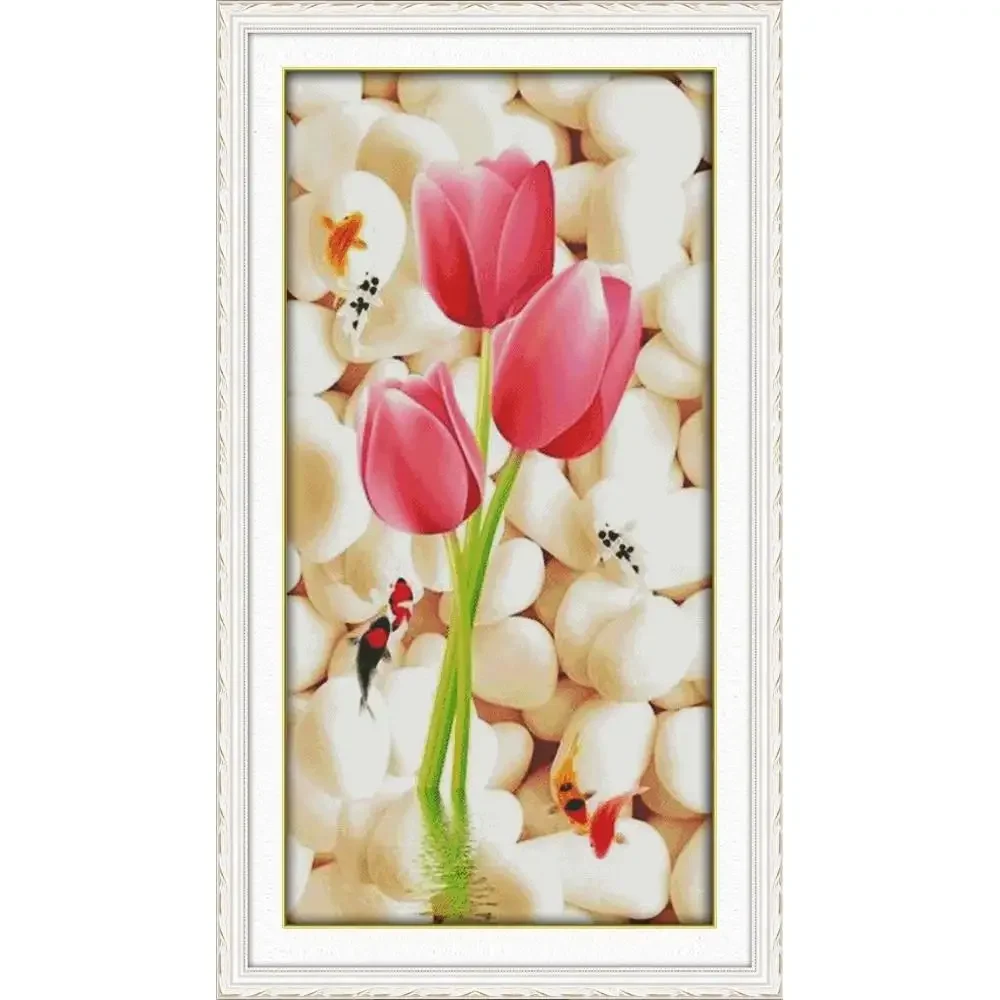 Joy Sunday News Printedd Cross Stitch Kit,  Easy Pattern With Aida and DMC Threads  Stamped Fabric Embroidery Set-Tulip