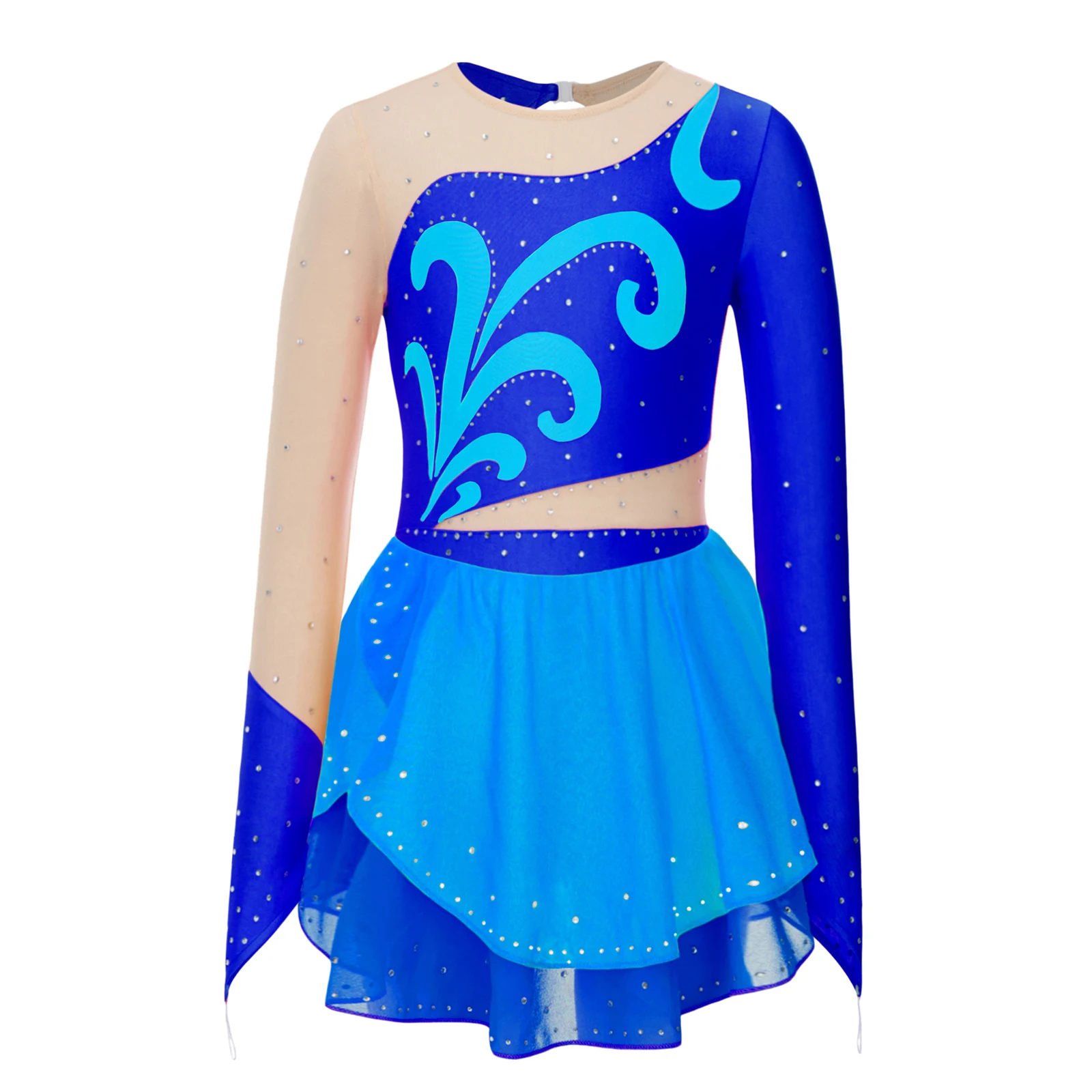 Ice Figure Skating Dress for Girls Long Sleeves Mesh Patchwork Ballet  Dance Dress with Finger Holes Shiny Rhinestones Dancewear