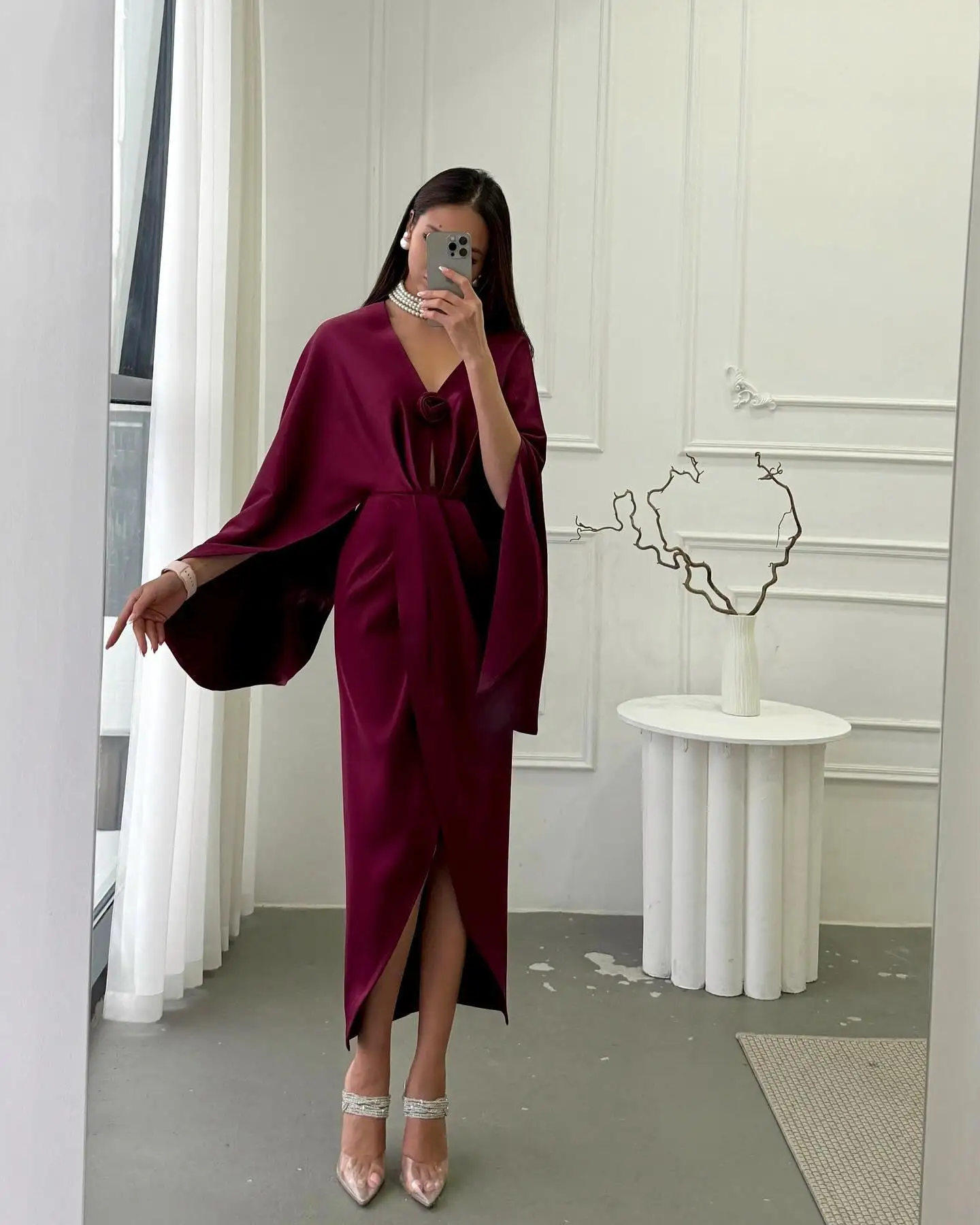 

Customized Temperament Jersey 3D Flowers Evening Dresses Sexy Long Sleeves V-Neck Prom Dress Custom Made Special Occasion Gowns