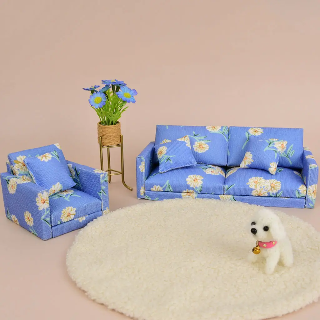 Mini Floral Fabric Sofa Set, Dollhouse Living Room Furniture Accessory, Daisy Print Couch Prop for OB11 Diorama Layout