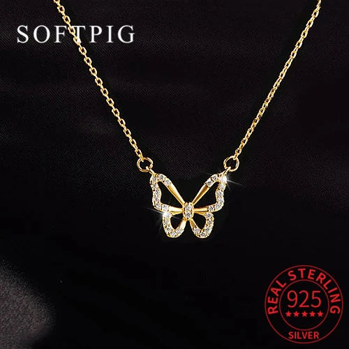 

SOFTPIG Luxury 925 Sterling Silver Hollow Zircon Butterfly 14K Gold Plated Pendant Choker Necklace Female Cute Fine Jewelry