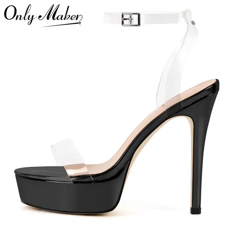 

Onlymaker Women Black Peep Toe Platform PVC Stiletto High Heeled Sandals Thin High Heel Party Evening Dress Stiletto Heels San