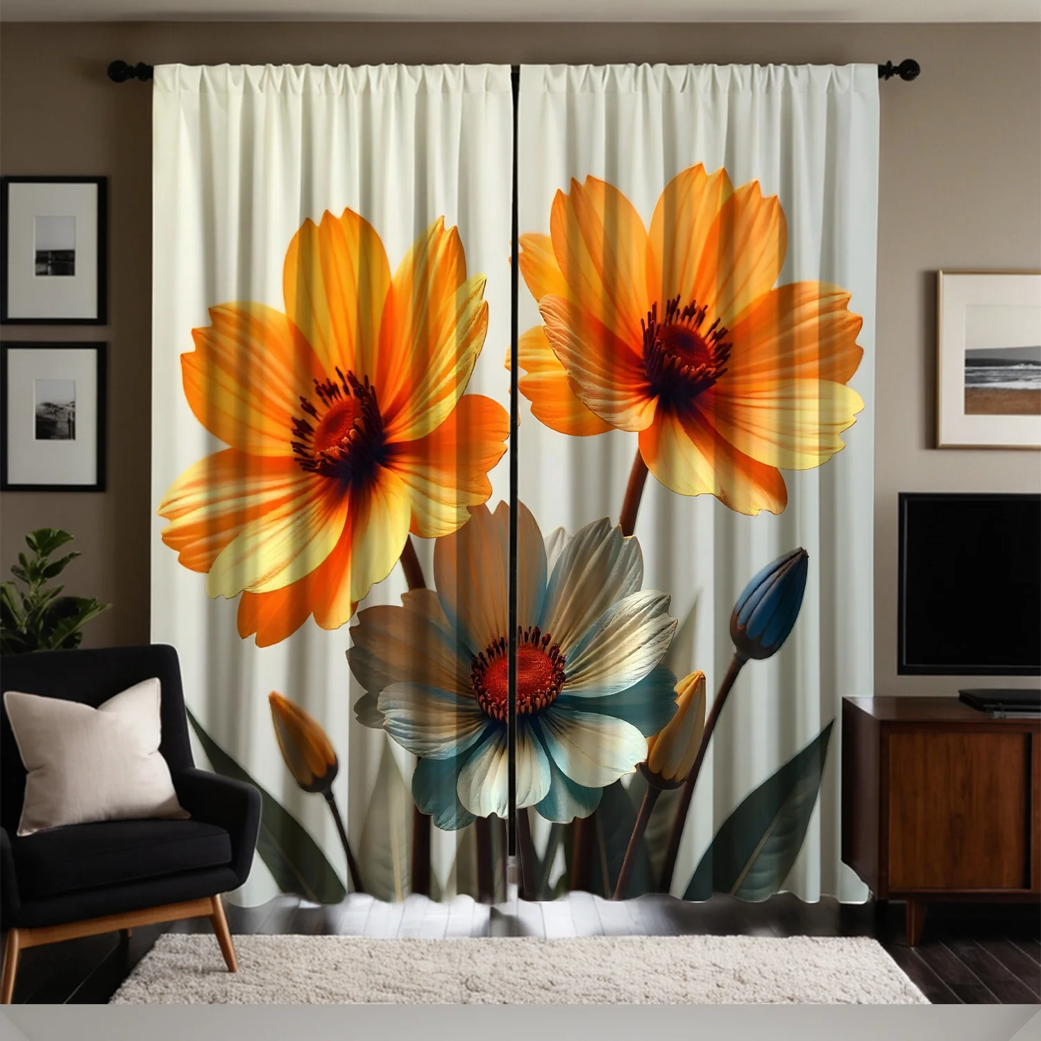 2pc Orange and blue floral pattern curtains, polyester fabric, machine washable, suitable for bedroom living room decoration