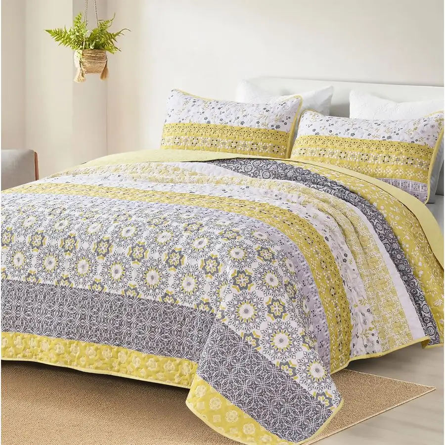 

Boho Quilt Set King, Yellow Bohemian Striped Patchwork Bedspread Coverlet Set with 2 Pillowcases,Lightweight Microfiber Floral B