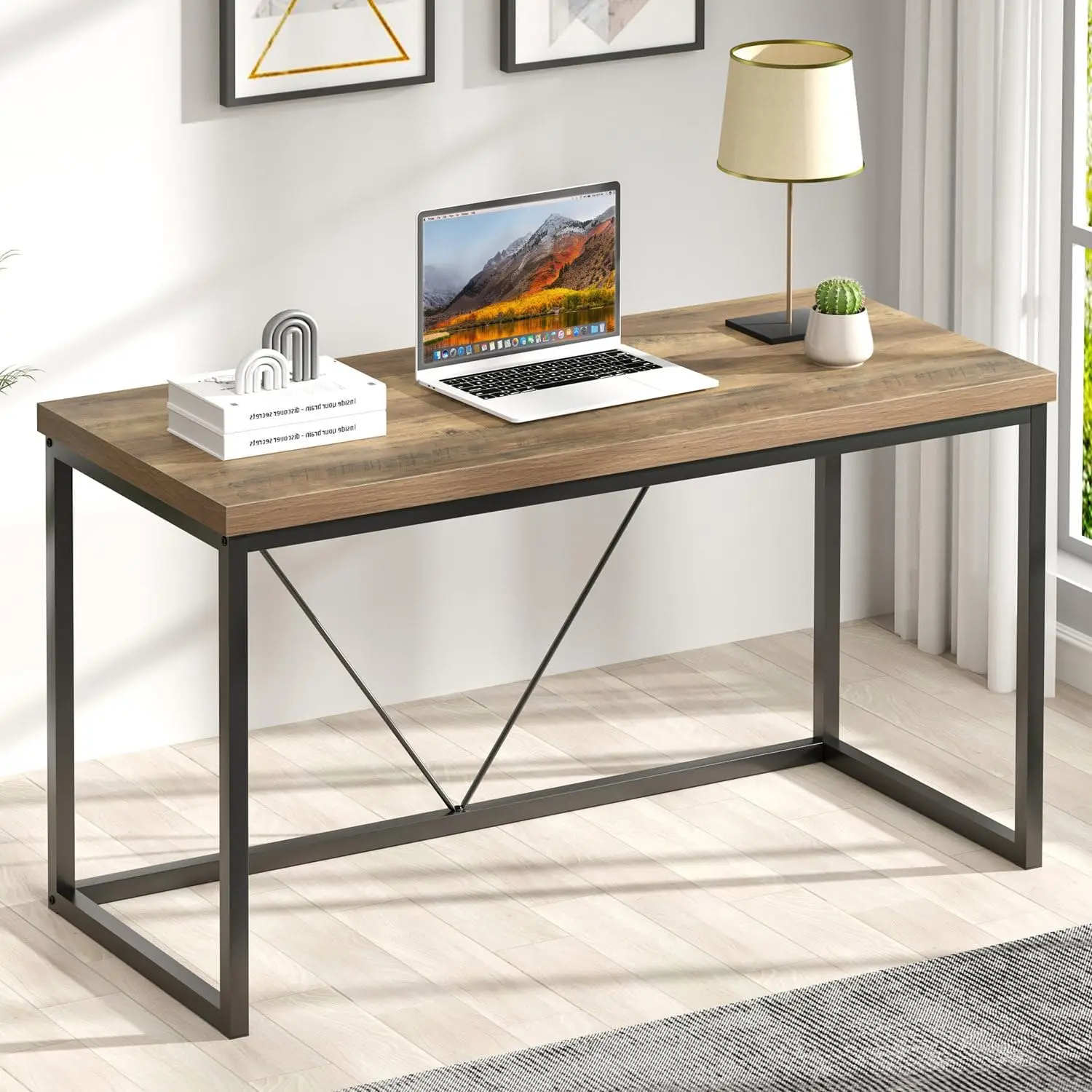 FOLUBAN Modern Home Office Desk, Rustic Wood and Metal Computer Desks, Industrial Study Writing Gaming Table Workstation