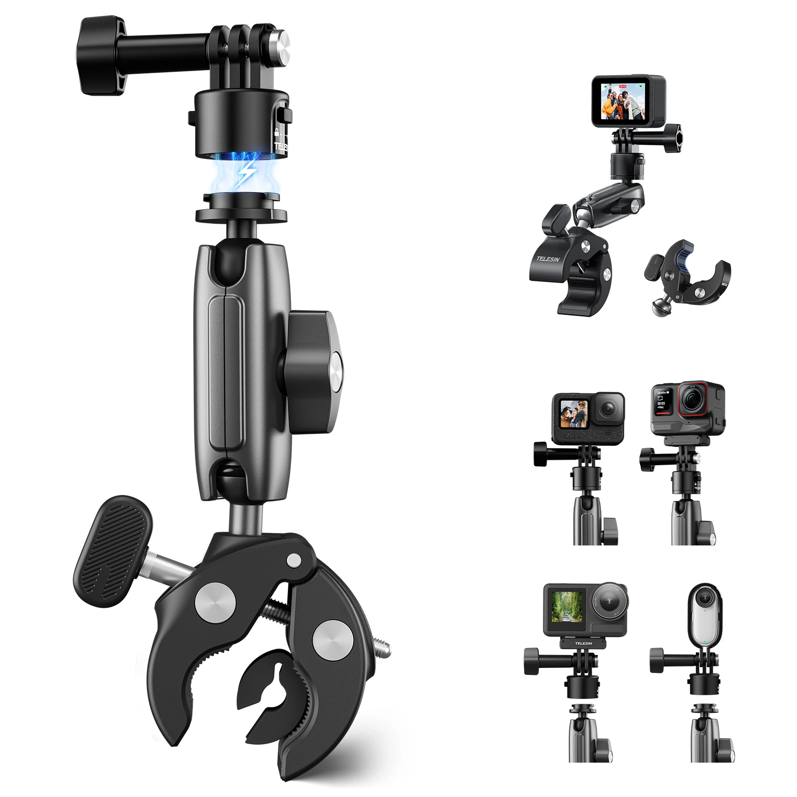 TELESIN 360° Rotation Cycling & Motorcycle Clip Clamp for GoPro Hero 13 12 11 10 9 DJI OSMO Action 4 3 Insta360 Camera Mount