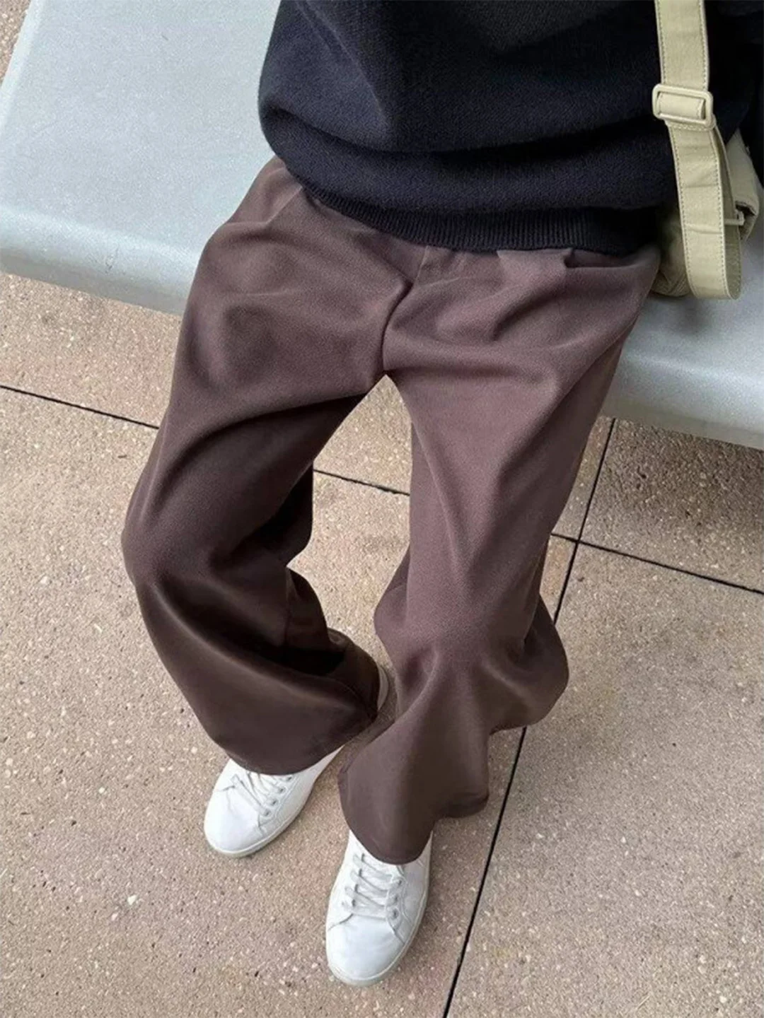 

Brown Tweed Men's Casual Wide Leg Pants Luxury Faion Straight Cut Winter Leisure Long Trousers Korean Sle Streetwear