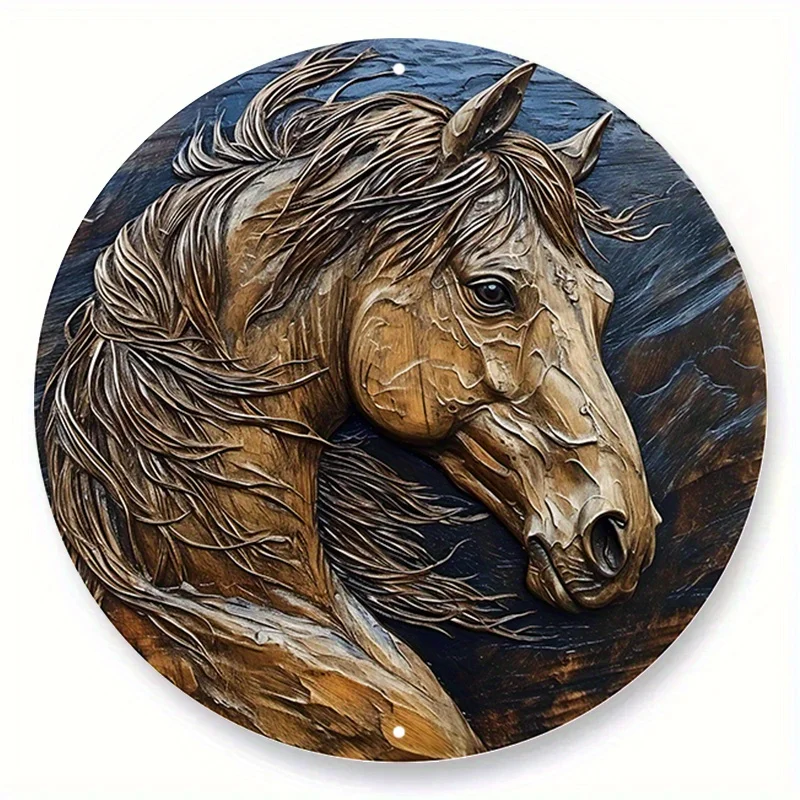 Horse Themed Metal Sign,Faux Wooden Carving,Painted Circular Wreath Design - Perfect Living Room Decoration and Gift for Girls