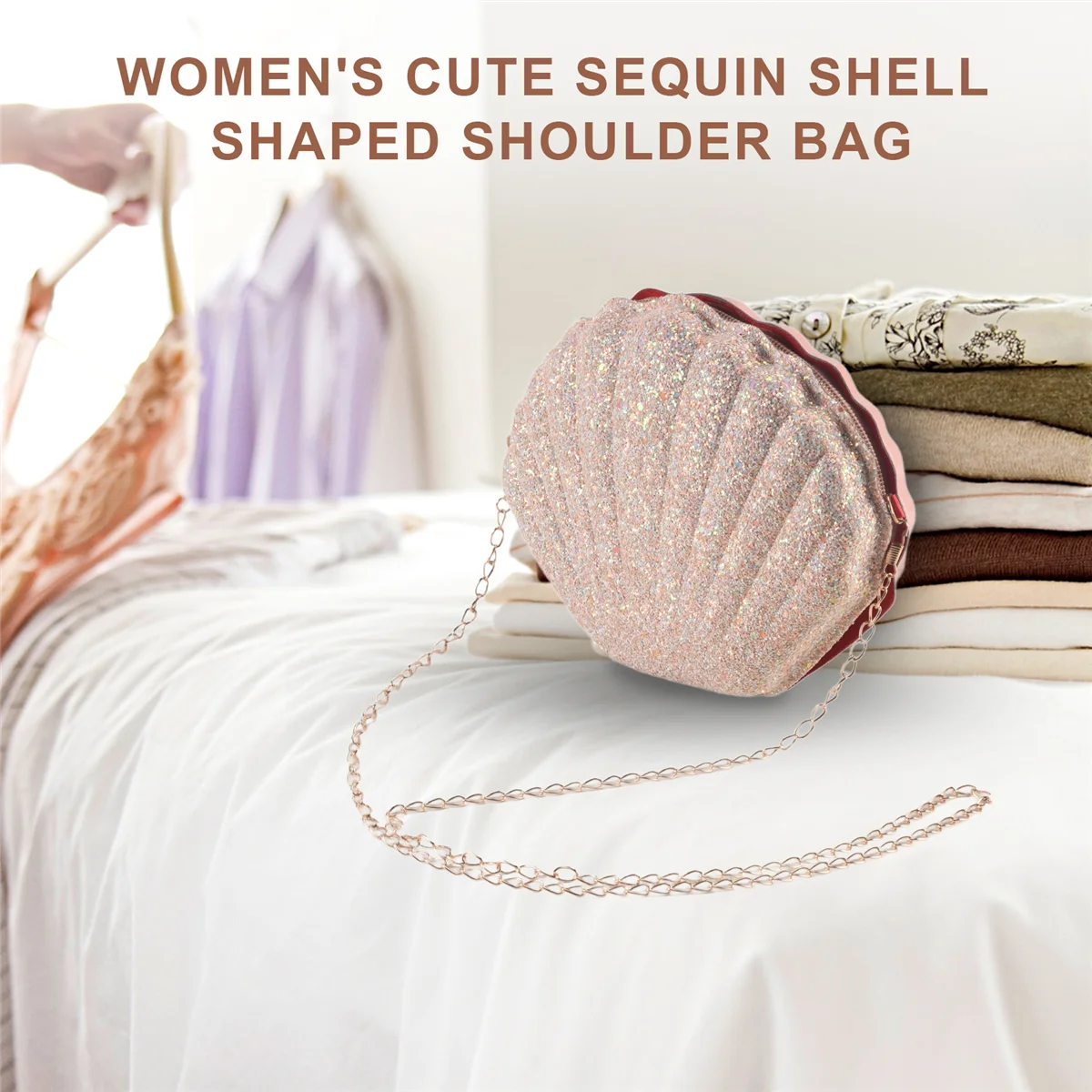 AA26P Monedero de concha de sirenita para mujer y niña, bolsos de hombro cruzados con cadena de lentejuelas brillantes, bolso de noche, rosa