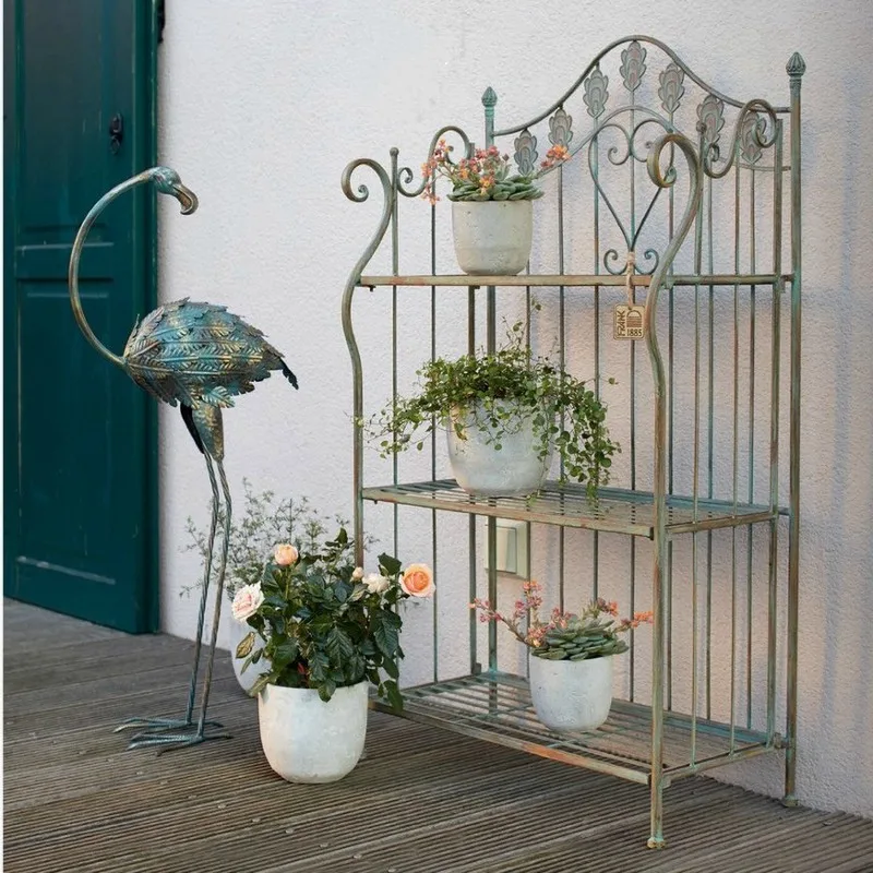 French country old retro wrought iron green wrought iron flower stand, three-layer flower stand, folding model