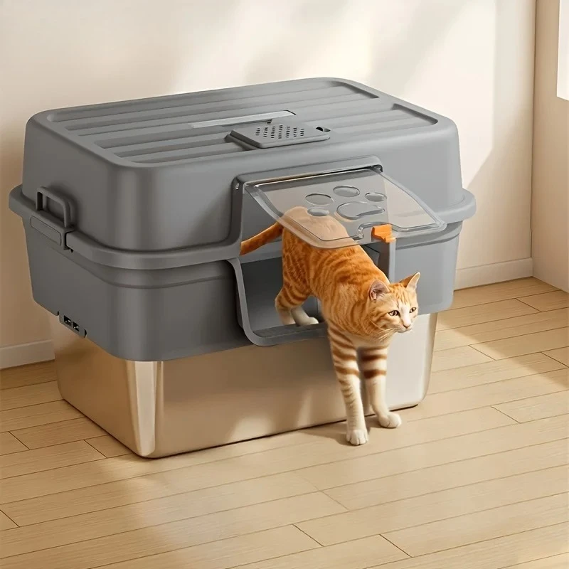 XL Enclosed Cat Litter Box with Stainless Steel Base Anti-Splash &Odor Control Privacy House for Large Cats Easy Clean Removable