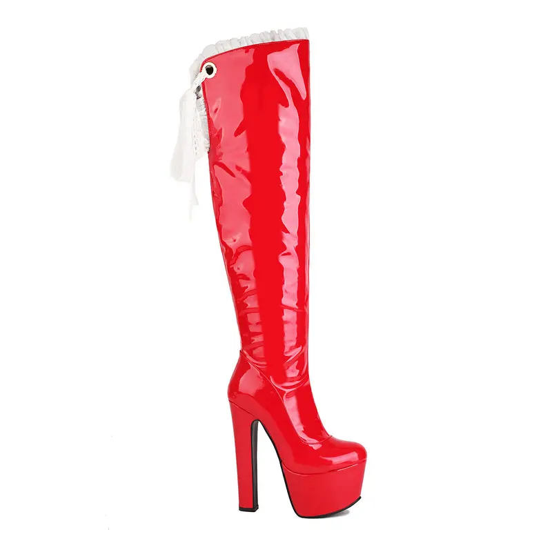 Patent Leather Sexy Stripper Club Extreme High Heels Platform Womens Overknees Thigh Long Over-the-knee Boots With Lace Ruffles