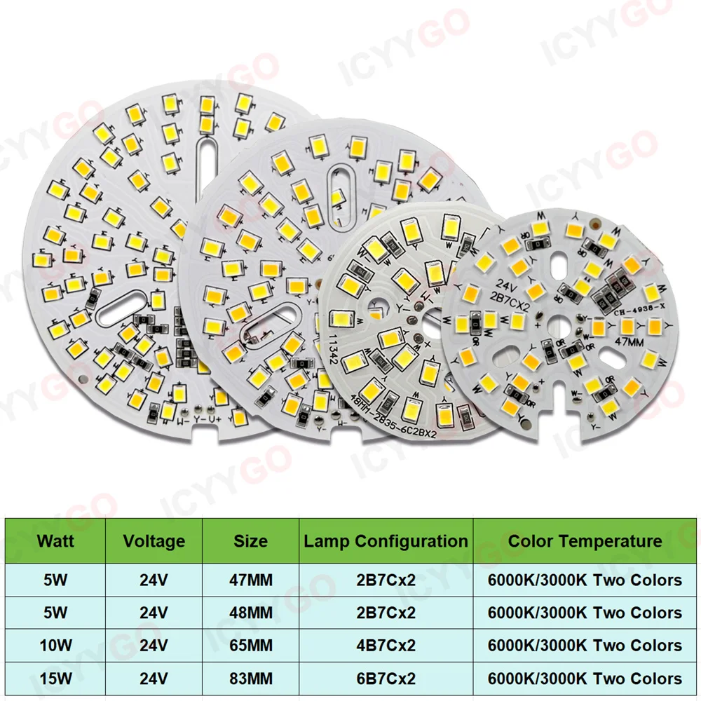 5PCS Low Voltage Light Source DC24V 5W 10W 15W Two-Color SMD2835 Lamp Panel Downlight Bulb Light Source Panel Accessories 83MM