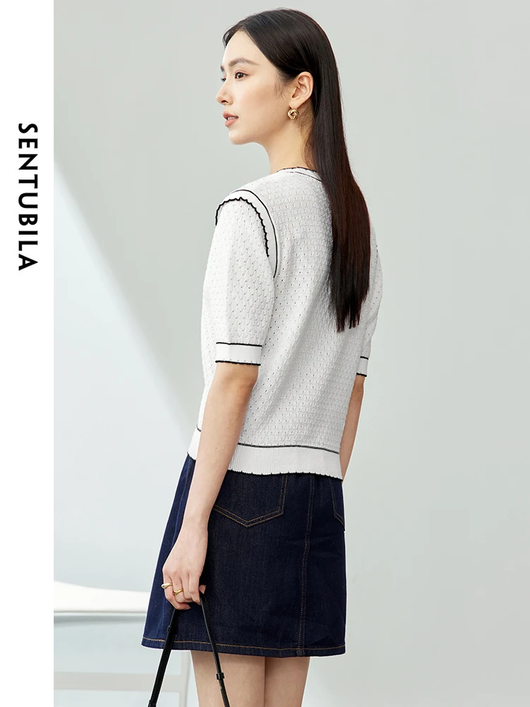 SENTUBILA Contrast Round Neck Short Sleeve Knitted Top 2024 Summer Cotton 100% Simple Casual Womens Pullovers Clothes W42H53923