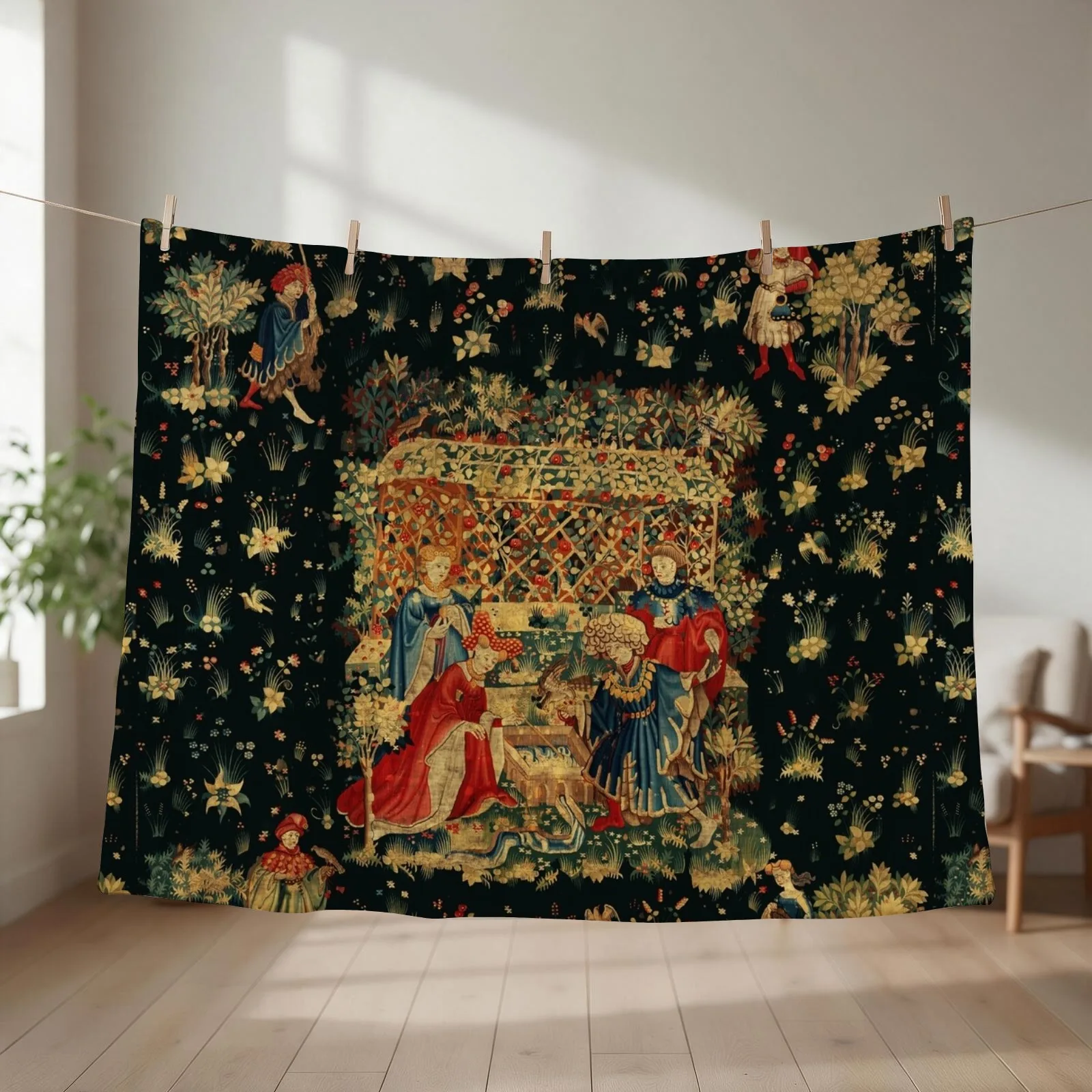 Jacobean Floral Crewel Embroidery Pattern Digital Art Vector Painting Throw Blanket