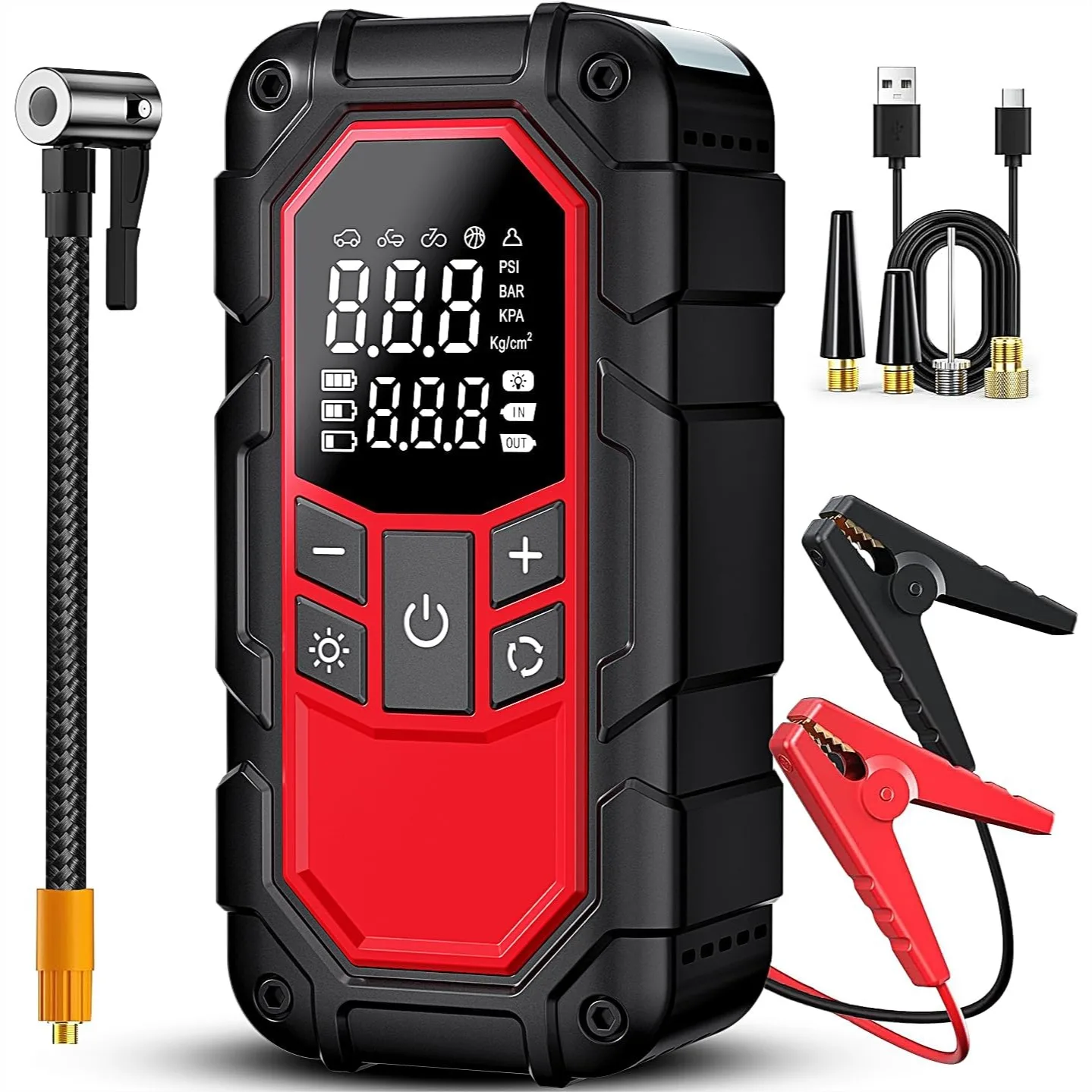 

Jump Starter with Air Compressor, 150PSI Tire Inflator, 12V Car Battery Jump Box Portable Power Bank with LCD Display and LED