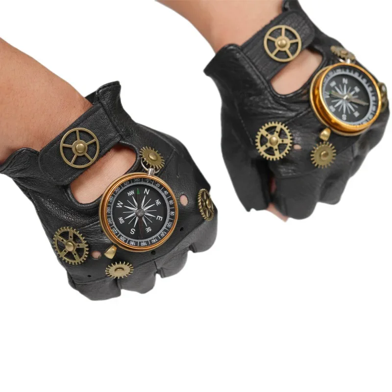 Steampunk PU Leather Fingerless Compass Gloves Men Women Fashion Hip Hop Punk Gloves Half Finger Gloves