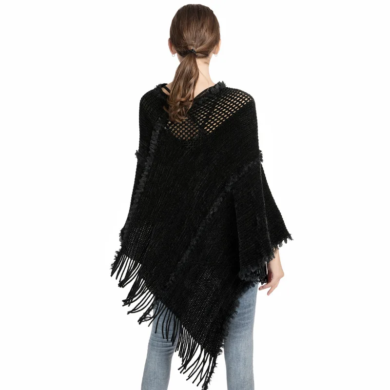 Poncho Tassel Knitted Shawl Women's Autumn and Winter New Chenille Imitation Cashmere Pullover Cape Cloaks Lady Capes