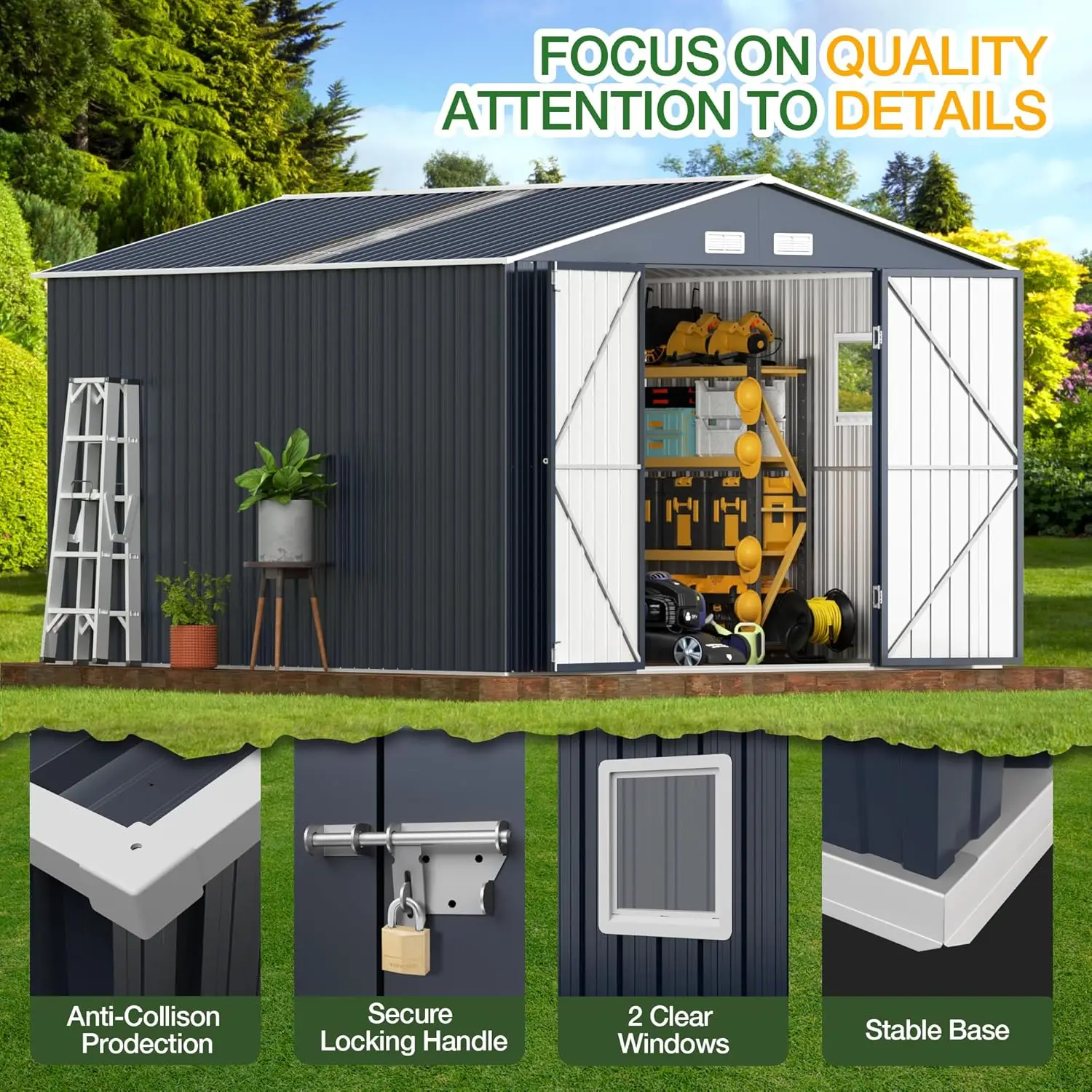 Outdoor Storage Shed 10 X 12 Ft. Utility Tool Shed Metal Storage Garden Shed with Lockable Doors, Windows for Patio Storages