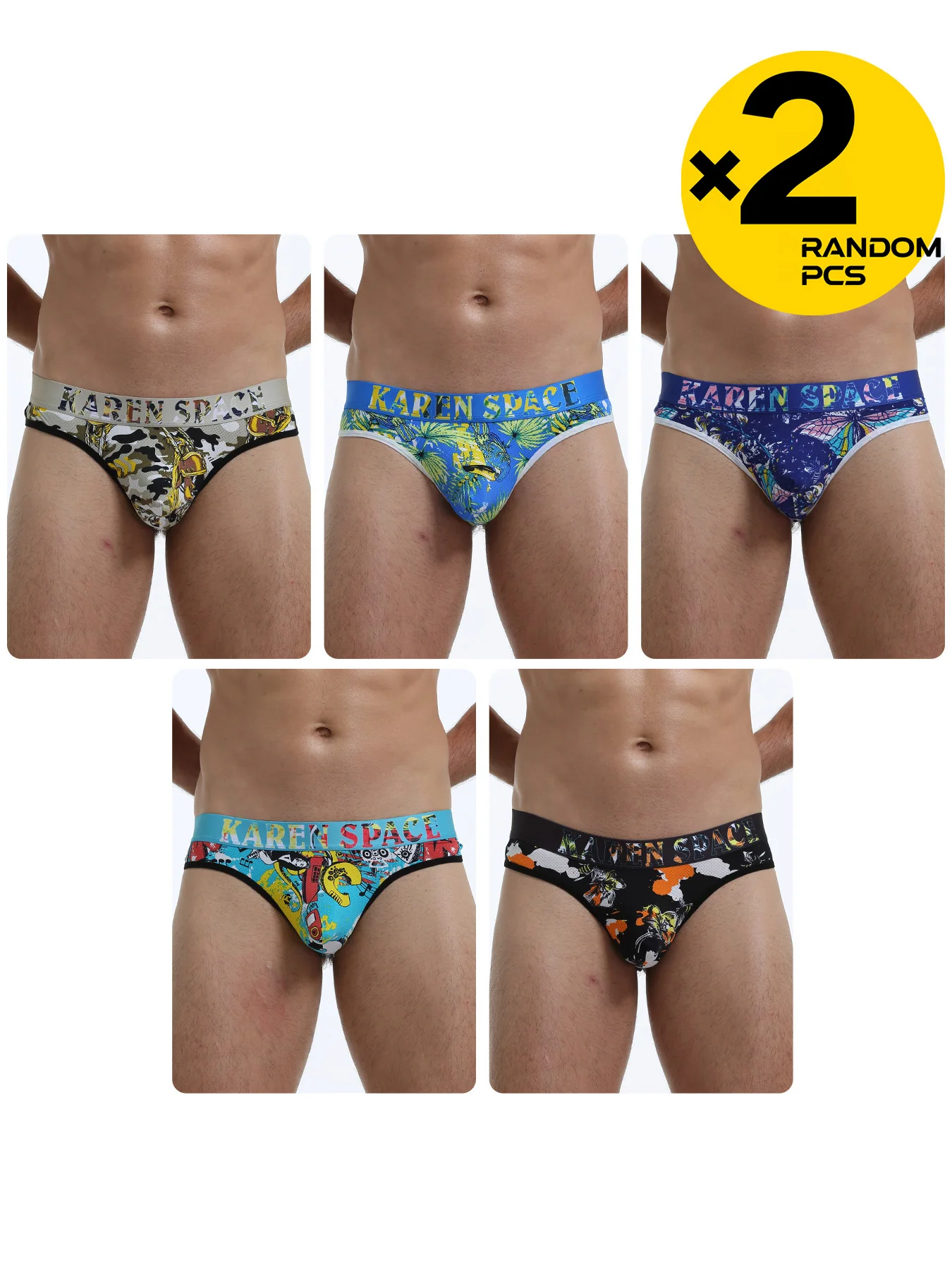 2PC Sexy Ice Silk Mesh Men's Thong Underwear Breathable Comfortable Printed Double Ding Design Randomly Big size underwear
