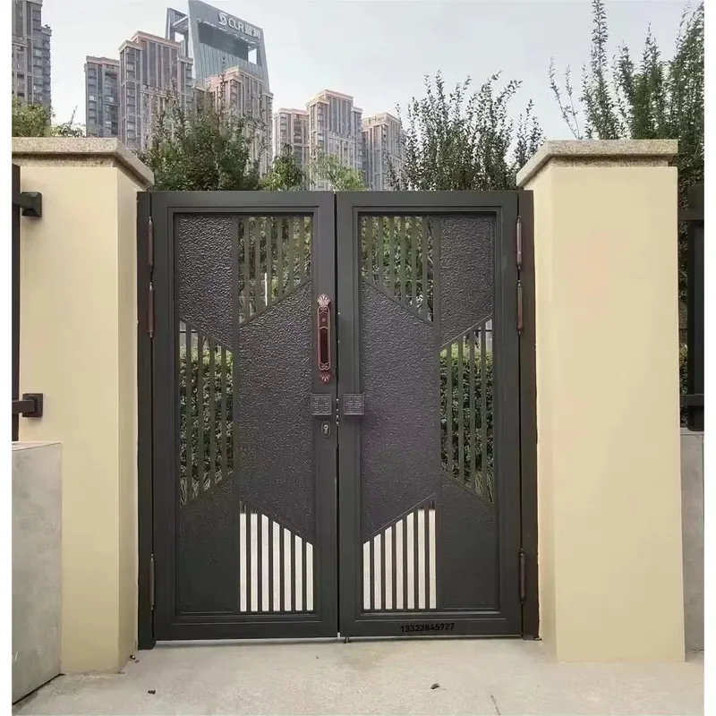 Exterior Entrance Metal Aluminium Alloy Fence and Gates Design Outdoor Automatic Aluminum Profile Slat Double Swing Entry