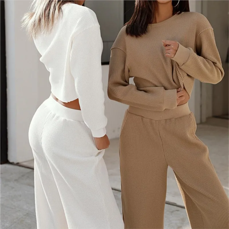 Autumn Women's Casual Two Pieces Set FashionLong Sleeve Long Pants Midriff-baring Suit Spring Solid Color Ladies Office Outfit