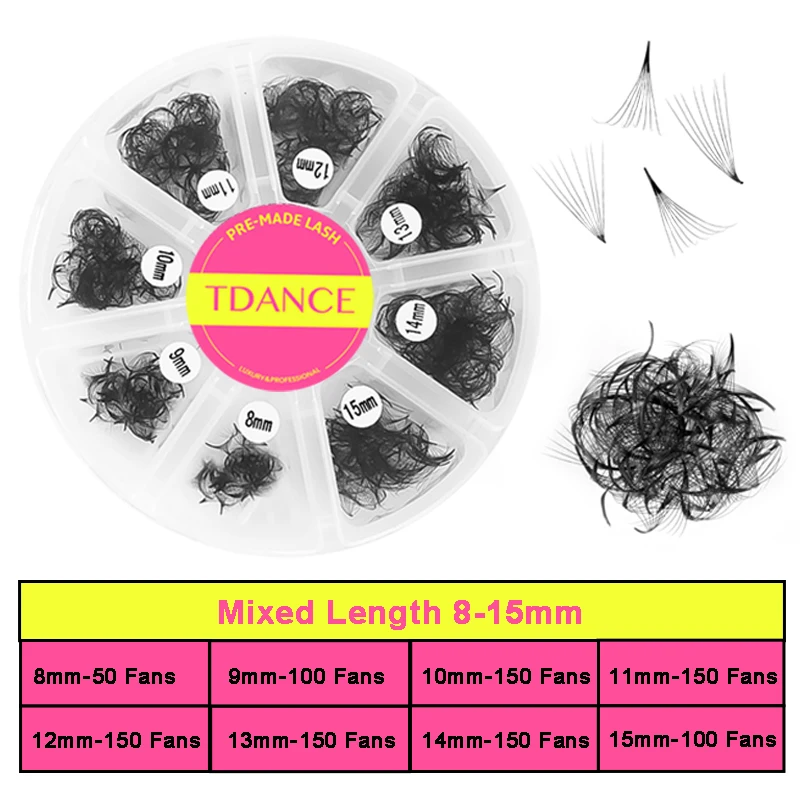 TDANCE 1000 Fans Loose Fan Mixed Length Pointy Base Premade Fans Sharp Thin Slim Medium Stem Volume Russian Eyelashes Extensions