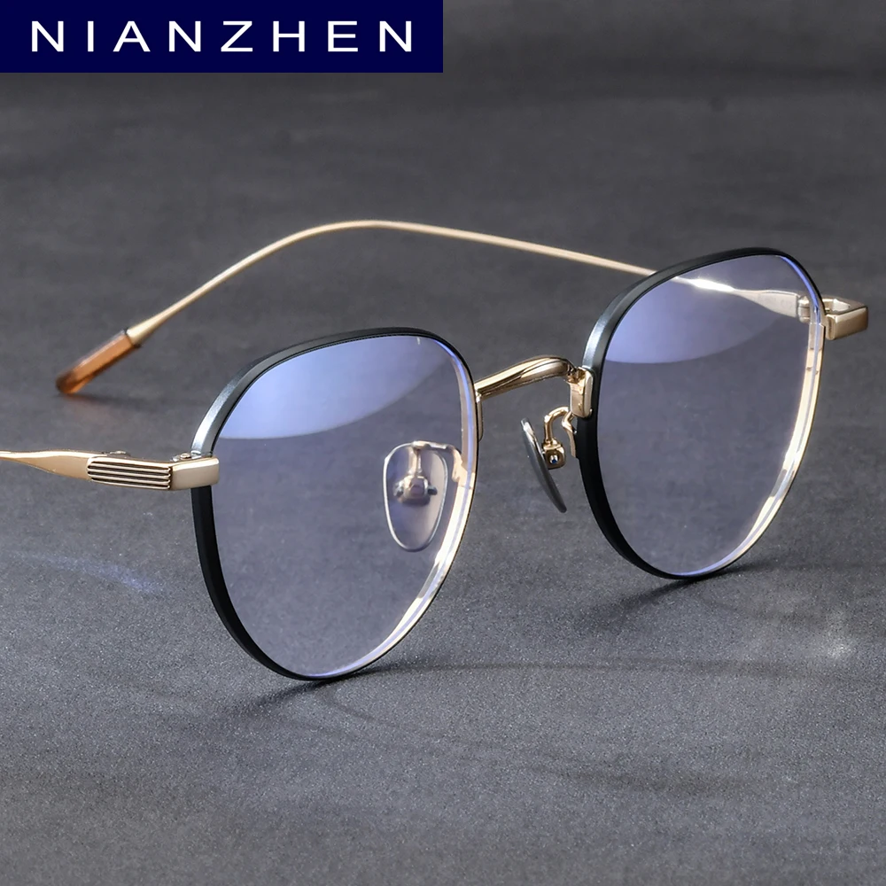 NIANZHEN Titanium Alloy Glasses Frame Men Brand Design Eyeglasses Women Ultralight-Weight Retro Polygon Eyewear Spectacles 80803