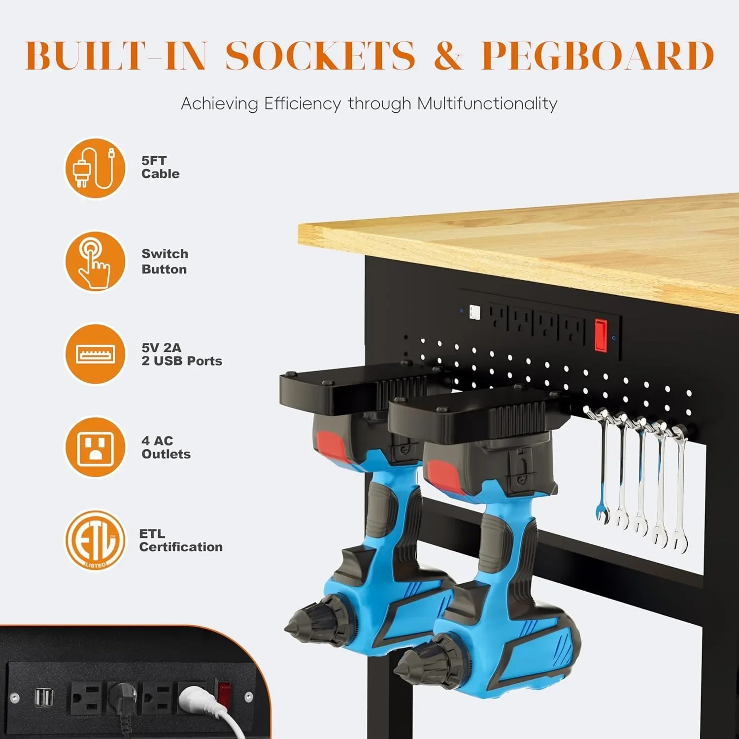 60" Adjustable Height Workbench, 2000 LBS Heavy Duty Work Table with Power Outlets & Pegboard, Rubber Wood Workstation