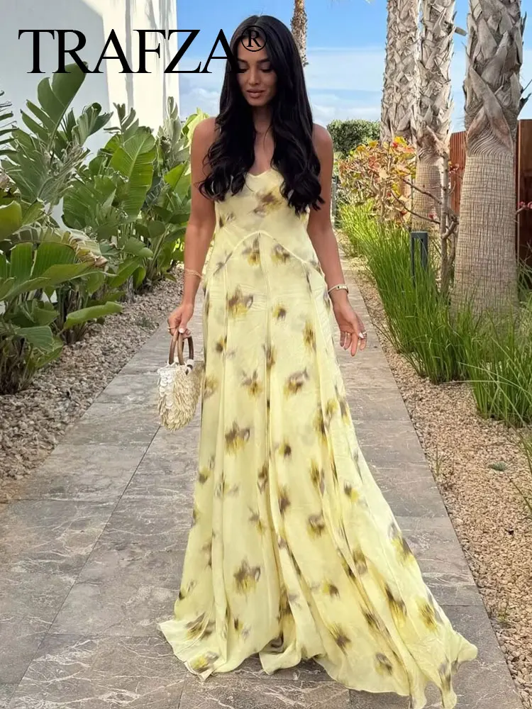 

TRAFZA Summer Women's Beach Vacation Style Printed Sling Midi Dress Sleeveless V-neck Pleated Backless Lace-up Elegant Dresses