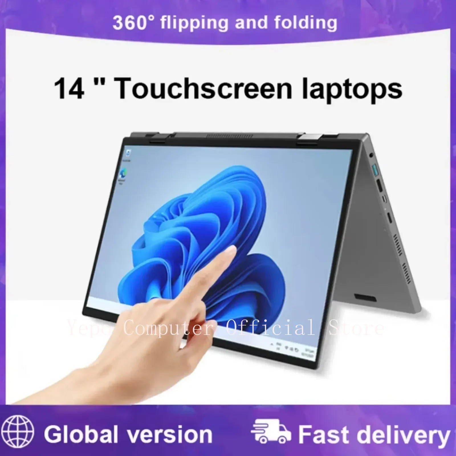 

YEPO New 14 "Laptop Intel N95 2.2K HD Touchscreen Windows 11 Pro 16G+2TB DDR4 Foldable 360 ° Fingerprint Unlocking Office PC